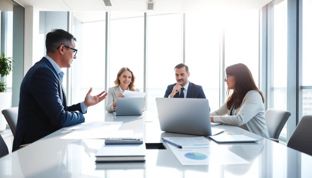 Engaging consultant presenting contracts and grants in a modern office environment.