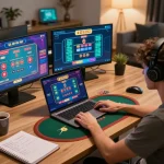 Player strategizing in an online poker game on a laptop, discovering winning tactics on onbet.