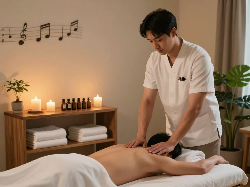 Peaceful 포항스웨디시 massage therapy room with candles and essential oils.