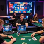 Diverse players enjoying IDN poker games in a vibrant online setting with poker chips and cards, showcasing excitement and engagement.