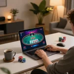 Player engaged in online gambling at home with 123b poker interface visible on laptop