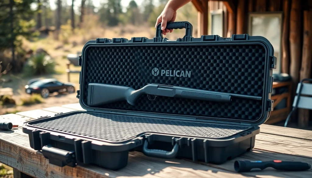 Showcase the pelican rifle case with rugged design and foam interior for outdoor enthusiasts.