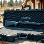 Showcase the pelican rifle case with rugged design and foam interior for outdoor enthusiasts.