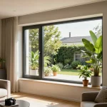 Stilvolles Wohnzimmer mit Fenstern von Schüco, das wunderschönes natürliches Licht und moderne Dekoration bietet.