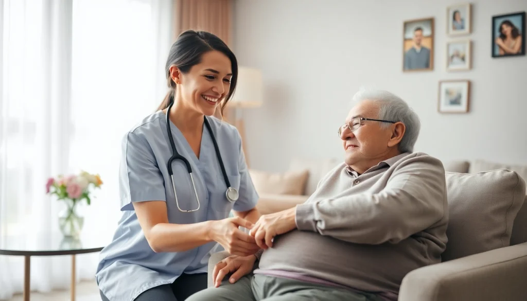 Compassionate caregiver providing in home care near me in a warm living room setting.