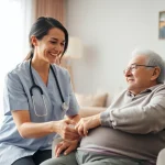 Compassionate caregiver providing in home care near me in a warm living room setting.