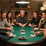 Pemain menikmati pertandingan Texas Hold'em yang ramah di rumah, menampilkan strategi poker m88 mansion Indo.