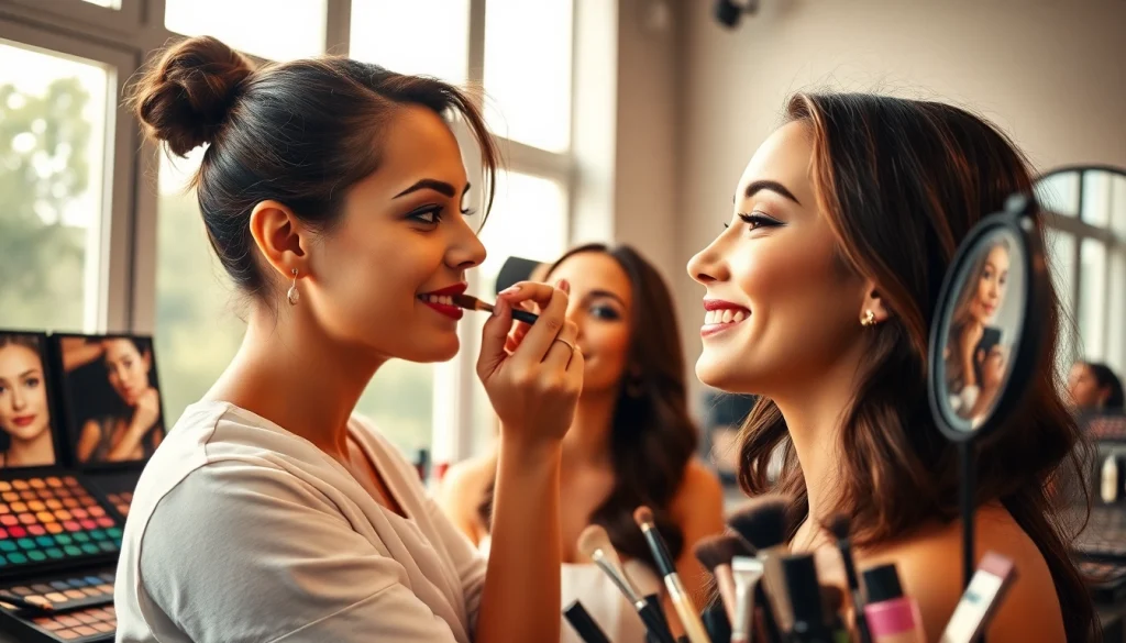 Annapolis makeup artist enhancing a client's beauty in a stylish studio setting.