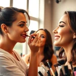 Annapolis makeup artist enhancing a client's beauty in a stylish studio setting.