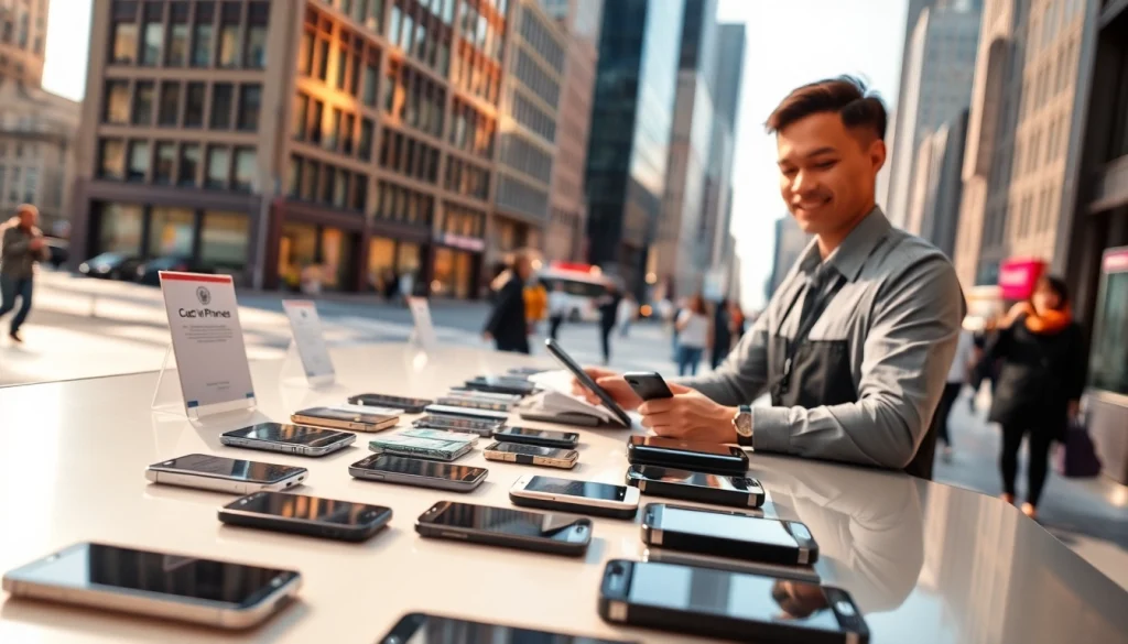 Engaging service for cash for phones Alexander AR at a modern urban desk with smartphones.
