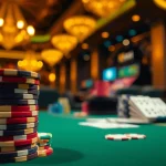 Faszination casino spielen am Spieltisch mit bunten Pokerchips und Karten.