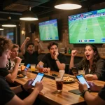 Bongdallu users actively placing bets during a lively soccer match at a sports bar, showcasing excitement and engagement.