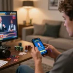 Player engaging with Jili707 mobile app in cozy home setting, showcasing online casino excitement.