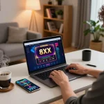 8xx online gambling setup with player using laptop for casino gaming, creating a cozy engaging atmosphere