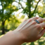 Health Ring showcases wrist technology in a serene park setting with lush greenery.