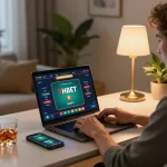 Engaged player using SHBET online casino app on a modern laptop in a cozy home setting