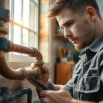 Plumber analyzing old pipes during whole house repiping services Clearwater FL in a bright kitchen.