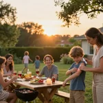 Family applying the Best Mosquito Repellent while enjoying a barbecue outdoors.