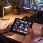 Engaging jogoluck player using tablet for online casino gaming in cozy setting