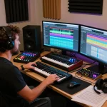 Music producer using SC 88 synthesizer in a vibrant studio workspace.