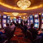 Players enjoying vibrant slot gacor machines in an engaging Las Vegas casino floor, excitement evident.