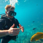 Tauchschule mit professionellem Tauchlehrer und bunten Fischen im klaren Wasser.