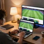 Cà khịa TV user enjoying live sports betting from home, laptop screen displaying football matches.