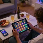 Player engaging in MDG188 slot game on tablet, showcasing vibrant online casino experience.