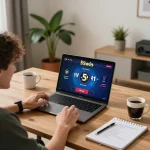 Player enjoying online gaming on 555win, engaging with live dealer options in a cozy home office.