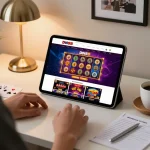 Engaging scene of online gaming at DN88 with a player focused on tablet showing casino games.