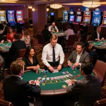 Players at thabet casino engaged in blackjack, vibrant atmosphere with dealers and colorful decor.