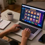 Engaged user exploring nhà cái uy tín while playing online casino games on a laptop at home