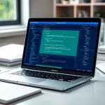 Showcasing a test automation tool interface on a laptop in a bright workspace.