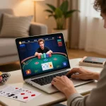 S666 player strategizing during an online poker session at home, showcasing immersive gameplay.