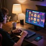 Seseorang menikmati pengalaman bermain aneka4d di laptop dalam pengaturan rumah yang nyaman