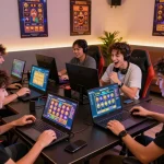 CEMARATOTO gaming community session with players engaging through devices and vibrant slot game graphics.