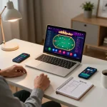 Playing online poker at home with u888poker interface displayed on laptop, promoting strategic gaming.
