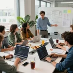 Moltbot AI team discussing clawdbot functionalities in a modern office setting.