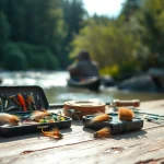 Showcase of fly fishing accessories with vibrant lures and gear at a riverbank.