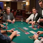 Red88 blackjack players strategizing with cards and chips in a luxurious casino setting