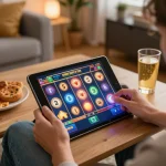 Enjoying a thrilling slot game on 888top tablet in a cozy home setting