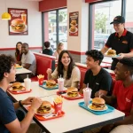 Delicious fast food menu items being enjoyed by friends in a vibrant restaurant setting