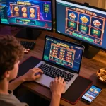 Engaging in casino online esteri games from a comfortable home setup with multiple screens and snacks.
