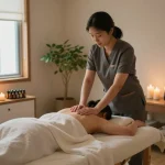 Relaxing 논현동마사지 session in a tranquil therapy room with soothing ambiance.