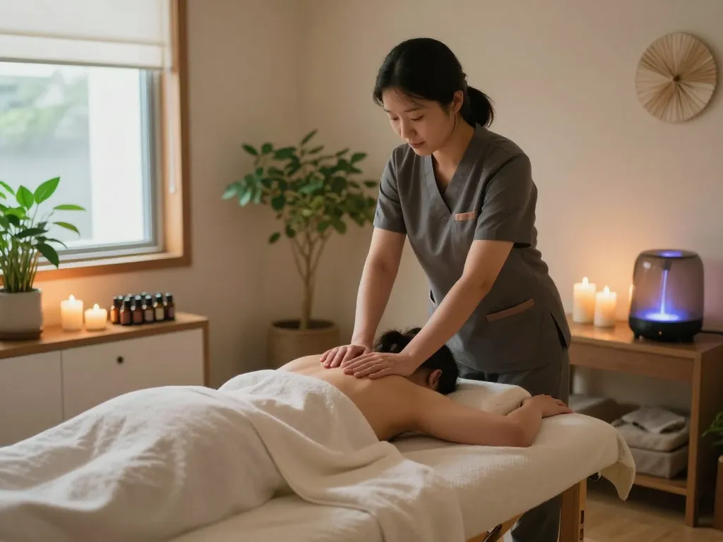 Relaxing 논현동마사지 session in a tranquil therapy room with soothing ambiance.