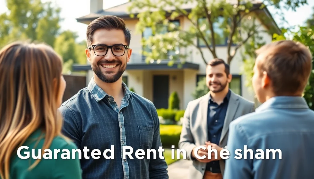 Showcasing guaranteed rent in Chesham, a welcoming landlord interacts with happy tenants beside a modern rental property.