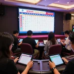 Watch live draws for hongkong pools with players tracking winning numbers on tablets