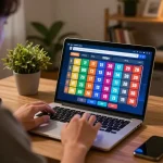 Enjoying an engaging toto togel game at home on laptop, showcasing strategic gameplay and comfortable ambiance.