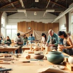 Hands-on craft training programs showcasing diverse artisans in a vibrant workshop setting.