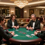 Players strategizing at the exclusive g28-t1 poker table in a luxurious casino.